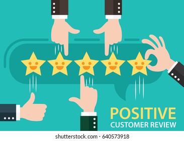 Customer review give a five star in bubble box. Positive feedback concept. Vector illustration. Minimal and flat design.