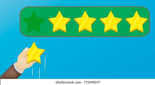 Customer review give a five star. Business hand with customer review give a five star. Positive feedback concept. Vector illustration. Minimal and flat design vector