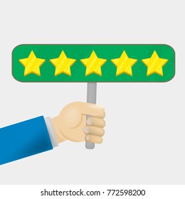 Customer review give a five star. Business hand with customer review give a five star. Positive feedback concept. Vector illustration. Minimal and flat design vector