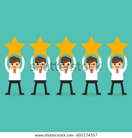 Customer review gives a five star. Positive feedback concept.