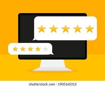 Customer Review With Gold Star Icon In Laptop Screen. Vector Illustration.