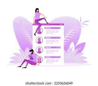Customer review with gold star icon in laptop screen. People in flat style. Vector illustration