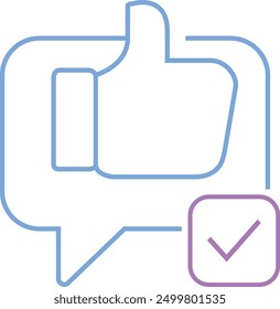 Customer review icon featuring a thumbs up and check mark in line art style. Ideal for feedback, reviews, and ratings on websites and apps.
