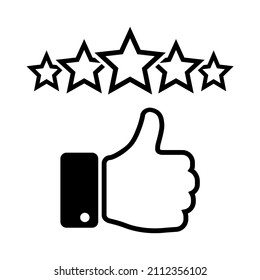 Icono de revisión del cliente en estilo plano. Símbolo de clasificación de calidad. Signo de retroalimentación aislado en fondo blanco. Resumen icono de línea de cinco estrellas en negro. Ilustración vectorial para diseño gráfico, logotipo, Web, UI