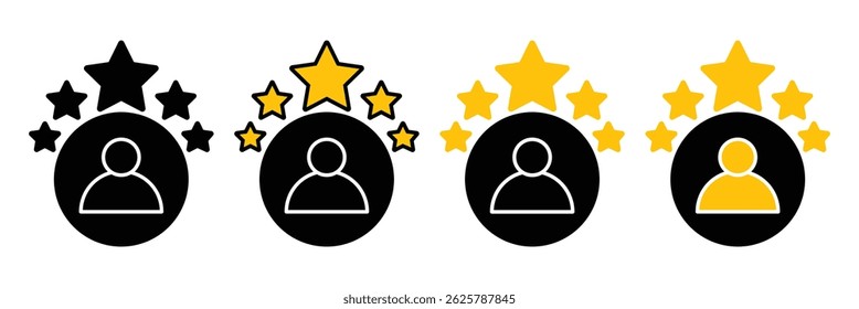 Customer review icon. People group with five stars. quality rating, feedback. Success, favorite, feedback, experience, quality, customer satisfaction. Business client symbol. Vector illustrator.