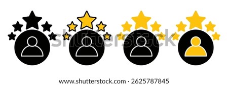 Customer review icon. People group with five stars. quality rating, feedback. Success, favorite, feedback, experience, quality, customer satisfaction. Business client symbol. Vector illustrator.