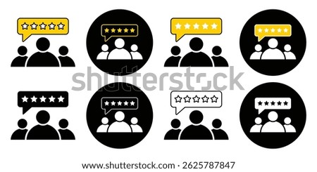 Customer review icon. People group with five stars. quality rating, feedback. Success, favorite, feedback, experience, quality, customer satisfaction. Business client symbol. Vector illustrator.