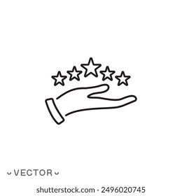 Icono de la revisión del Cliente, calificación de calidad, Comentarios, cinco estrellas, delgado símbolo de línea aislado en el fondo blanco, editable EPS 10 Ilustración vectorial 