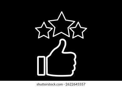 ícone de revisão do cliente, classificação de qualidade, comentários, símbolo de linha de cinco estrelas - traço editável. mão com polegar para cima e ícone de classificação de estrelas. Tipo, para cima. Sucesso, favorito, feedback, experiência, qualidade. 