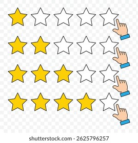 Customer review icon, quality rating, feedback. Stars symbol set. Five star rating with hand clicking symbol. Five stars customer product rating review flat icon for apps and websites. 