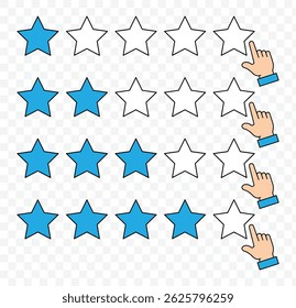 Customer review icon, quality rating, feedback. Stars symbol set. Five star rating with hand clicking symbol. Five stars customer product rating review flat icon for apps and websites. 