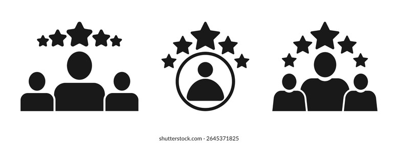 customer review icon, quality rating, feedback, five stars line symbol on white background