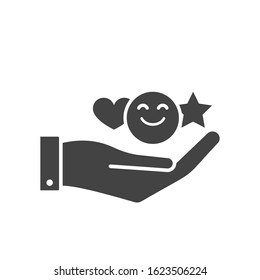 Customer review icon. Star, heart and positive emotions smile signs. Feedback concept symbols. Evaluation of service, sticker for chat, messenger. Labels of expressions of approval. Vector