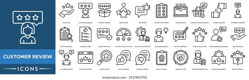 Icono de revisión del Cliente. Calificación de estrellas, Comentarios de Clientes, Revisión de Productos, Calificaciones de usuarios y Testimonios