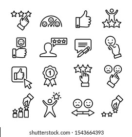 Customer review icons set, can be used to illustrate ratings, satisfaction, likes on social media or reviews of customers and clients