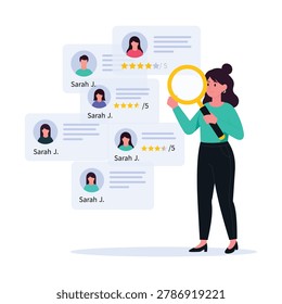 Customer review illustration featuring feedback rating user experience and online testimonial concept for business and marketing design projects