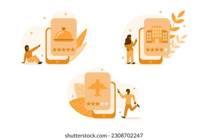 conjunto de ilustraciones de revisión de cliente. personajes que ofrecen reseñas de puntos estrella incluyendo comida, viajes y hoteles en app. revisión de la calificación y el concepto de experiencia. ilustración vectorial.