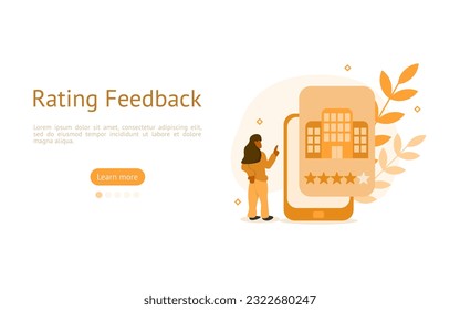 conjunto de ilustraciones de revisión de cliente. caracteres que dan reseñas de star point para hoteles en app. revisión de la calificación y el concepto de experiencia. ilustración vectorial.