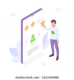 Customer review isometric concept - young man adds star in profile rating showing his satisfaction with good service in smartphone application. Isolated vector illustration of positive feedback.