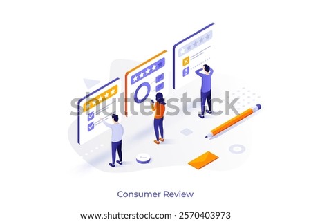 Customer Review isometric conceptual template. Evaluation of product and service by users. Business data analytics web page design vector illustration. Consumer sharing personal experience