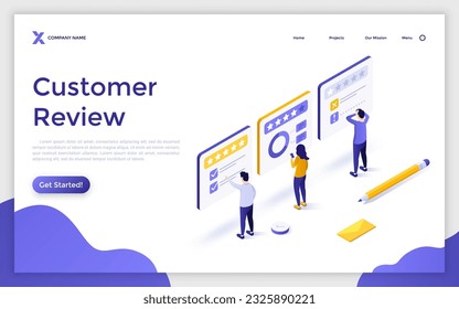 Customer Review isometric landing page template. Evaluation of product and service by users. Business data analytics web page design vector illustration. Consumer sharing personal experience