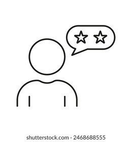Icono de Línea de revisión del Cliente. Pictograma lineal de Comentarios de usuario. Valoración del consumidor. Persona Con Símbolo De Contorno De Estrellas. Señal de servicio de mejor calidad. Trazo editable. Ilustración vectorial aislada.