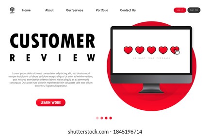 Customer review on computer banner. Giving five star feedback. Clients choosing satisfaction rating and leaving positive review. Vector on isolated white background. EPS 10