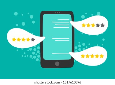 Customer review. Online feedback, five stars rating on smartphone screen. Feedback vector illustration