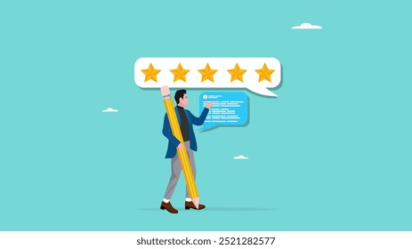 customer review, online feedback or survey form, Forum with polls or write comment on product, best ratting with speech bubble, customers with pencils leave comments on the product and 5 star reviews