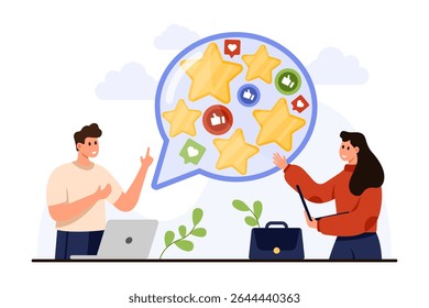 Customer review online service. Tiny people with laptops read result of clients survey, thumbs up, hearts and stars of positive feedback inside speech bubble of comment cartoon vector illustration