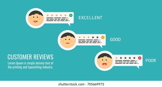 Revisión del cliente, opinión, satisfacción del cliente, ilustración plana vectorial de banner con avatares aislados en fondo verde