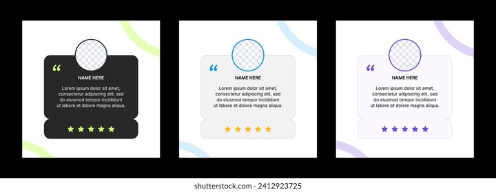 Customer review post template. Client feedback text in a box and rating with stars. Preparation of testimonials for a social media or website.