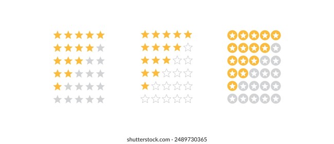 Customer review or product rating vector icon set, feedback with gold stars icons for apps and websites