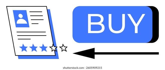 Customer review profile sheet with a star rating system alongside a prominent BUY button and arrow. Ideal for e-commerce, user reviews, ratings, online shopping, consumer feedback, product pages