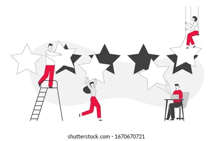 Customer Review, Ranking and Rating Concept. People Put Huge Golden Stars into Holes, Woman Hanging on Ropes Leaving Feedback. Client Characters Evaluate Service Technology. Linear Vector Illustration