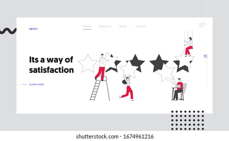 Customer Review, Ranking and Rating Landing Page Template. People Put Huge Stars to Holes, Woman Hang on Ropes Leave Feedback. Client Characters Evaluate Service Technology. Linear Vector Illustration