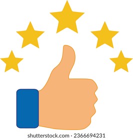 Customer review rating with 5 stars and thumb up vector icon	
