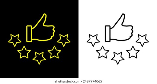 Customer review rating with 5 stars and thumb up feedback. Five star rating badge, review rating icon.