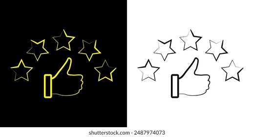 Customer review rating with 5 stars and thumb up feedback. Five star rating badge, review rating icon.