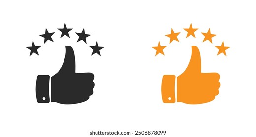 Customer review rating with 5 stars and thumb up feedback. Five star rating badge, review rating icon.