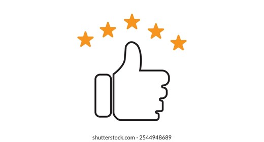 Customer review rating with 5 stars and thumb-up. Outline icon with editable stroke. Vector