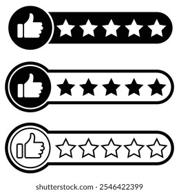 Customer review rating with 5 stars and thumb up feedback. Five star rating badge, review rating icon. Vector illustration.