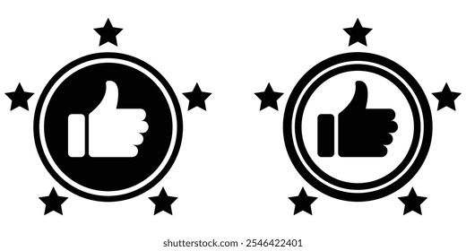 Customer review rating with 5 stars and thumb up feedback. Five star rating badge, review rating icon. Vector illustration.