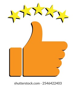 Customer review rating with 5 stars and thumb up feedback. Five star rating badge, review rating icon. Vector illustration.