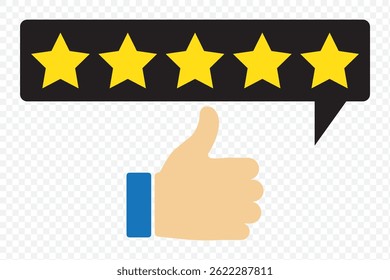 Customer review rating with 5 stars and thumb-up. Outline icon with editable stroke. Vector on Transparent Background. EPS 10.