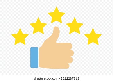 Customer review rating with 5 stars and thumb-up. Outline icon with editable stroke. Vector on Transparent Background. EPS 10.