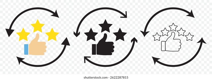 Customer review rating with 5 stars and thumb-up. Outline icon with editable stroke. Vector on Transparent Background. EPS 10.