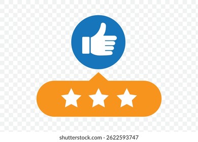 Customer review rating with 5 stars and thumb up feedback. Five star rating badge, review rating icon. EPS 10.