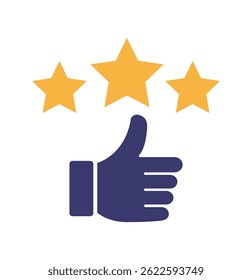 Customer review rating with 5 stars and thumb up feedback. Five star rating badge, review rating icon. EPS 10.