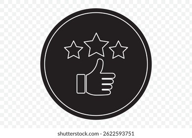 Customer review rating with 5 stars and thumb up feedback. Five star rating badge, review rating icon. EPS 10.